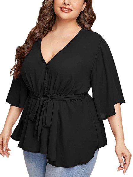 

Cotton Casual Flounce Frill Sleeve Tops, Black, T-Shirts