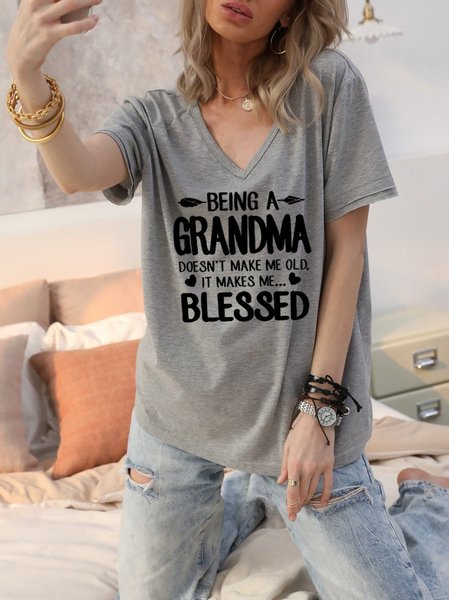 

Women Grandma Blessed V Neck Casual Gray T Shirt Top, T-shirts