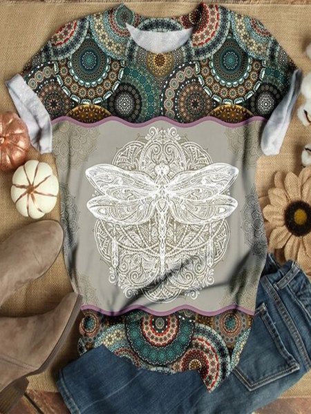 

Vintage Geometric Dragonfly Printed Plus Size Short Sleeve Crew Neck Casual Tops, Printed T-shirts