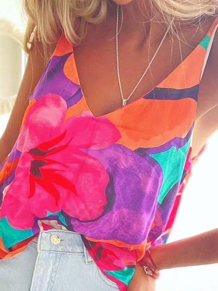 

Vacanza Senza Maniche Gilet Colorato Stampato Scollo a V Multicolore Cami, Blouses & Shirts