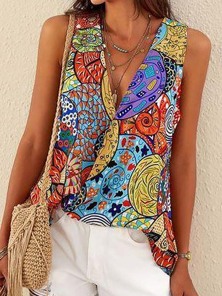 

Vacanza Colorato Scollo A V Profondo Senza Maniche Stampato Gilet, Multicolore, Blouses & Shirts