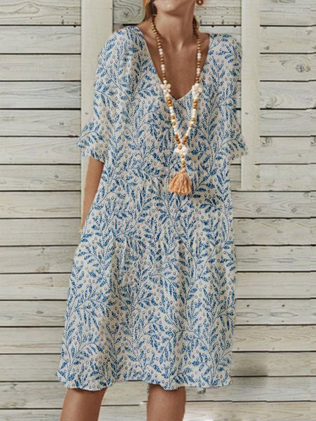 Poliestere Cotone Scollo a V Pastorale Maniche Corte Abito, Blu, Mini Dresses