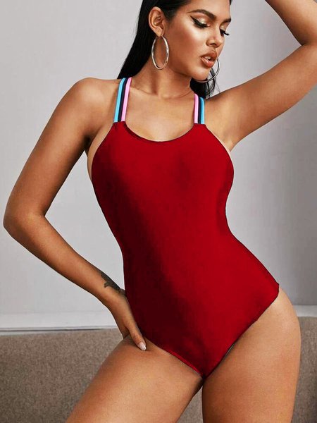 

Solid Color Open Back Cross-strap One-piece Swimsuit, Wine red, Swimwear