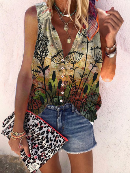 

Floral V Neck Vintage Shirts & Tops, Brown, Tank Top