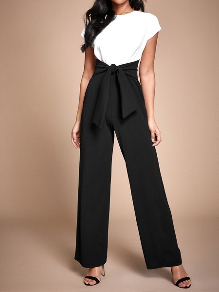 

Maniche Corte Colore-block Girocollo a Righe Pezzi Interi, Bianco-nero, Jumpsuits