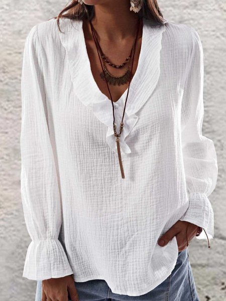 

Cotton-Blend Simple & Basic Shift Long Sleeve Tops, White, Tops