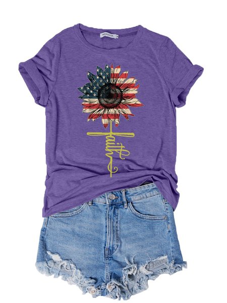 

America Sunflower Faith Printed Letter Short Sleeve Casual Women Tee, Purple, T-shirts