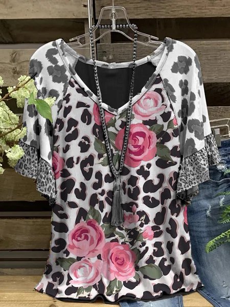 

Leopardato Casuale Scollo a V Camicie & Top, Bianco, Tops