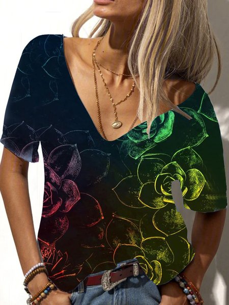 

Scollo a V Maniche Corte Casuale Top, Nero, T-Shirts