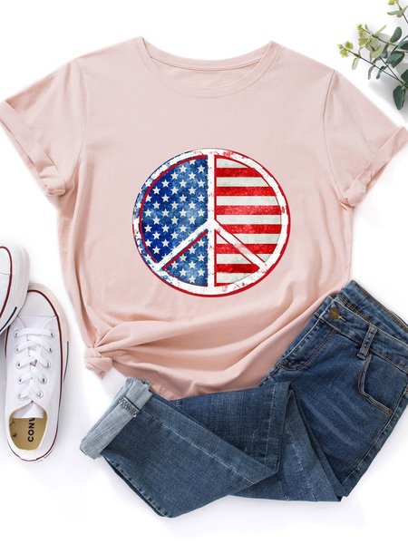 

Peace USA Tapestry Graphic Round Neck Short Sleeve Loose Tee, Light pink, T-shirts