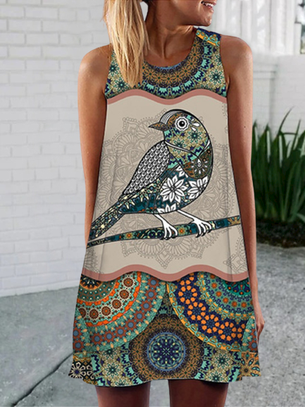 

Vintage Geometric Bird Printed Color-block Plus Size Sleeveless Crew Neck Casual Dresses, Multicolor, Dresses