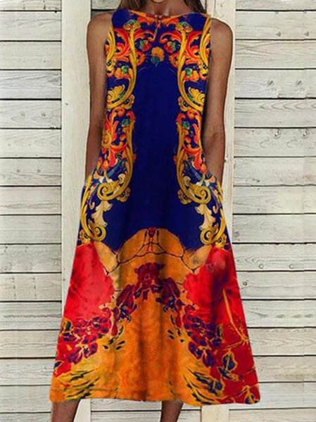 

Nuovo Donna Chic Vacanza Bohemian Vintage Senza Maniche Tribale Girocollo Abito, Navy blu, Linen & Cotton Dresses