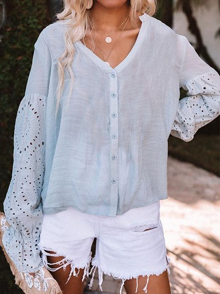 

Long Sleeve Plain Cutout Casual Blouse, Blue, Shirts & Blouses