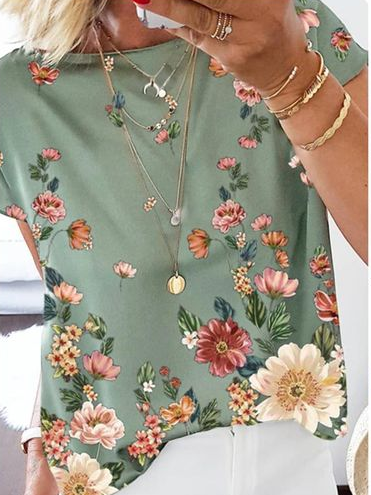 

Sweet Crew Neck Shift T-shirt, Green, Tops