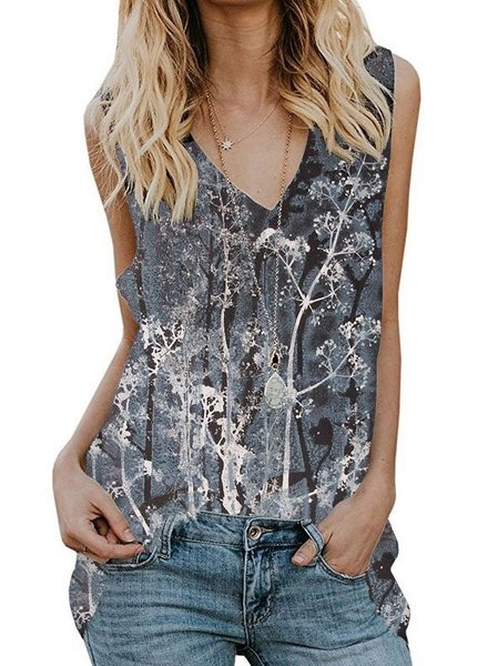 

Cotton-Blend Sleeveless V Neck Shirts & Tops, Gray, Tank Top
