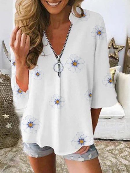 

Stampato Floreale Mezza Manica Casuale Scollo a V Top, Bianco, Blouses & Shirts