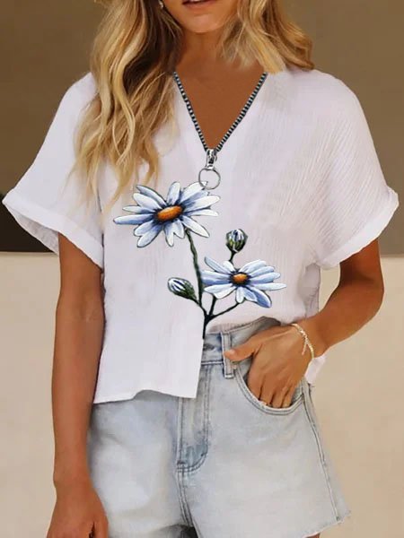 

Floral Short Sleeve Tops, White, T-Shirts
