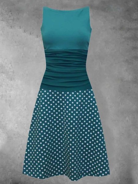 

Polka Dots Sleeveless Printed Cotton-blend Crew Neck Holiday Summer Blue Dress, Auto-Clearance
