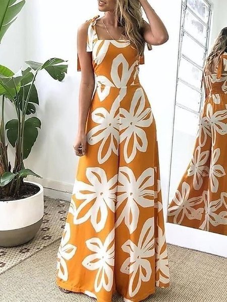 

Yellow Floral Romantic Square Neck Jumpsuit, Jumpsuits