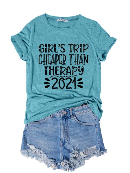 

Girl 'S Trip Cotton-Blend Letter Crew Neck Short Sleeve Women Tee, Lake blue, T-shirts