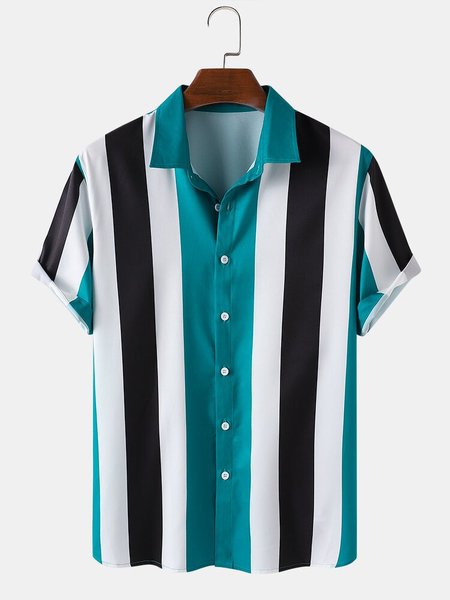 

Men Striped Beach Casual Turn-down Collar Shirt, Blue, Men's Floral shirt