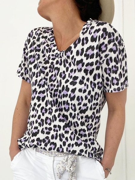 

Short Sleeve Casual Cotton-Blend T-shirt, Leopard, T-Shirts
