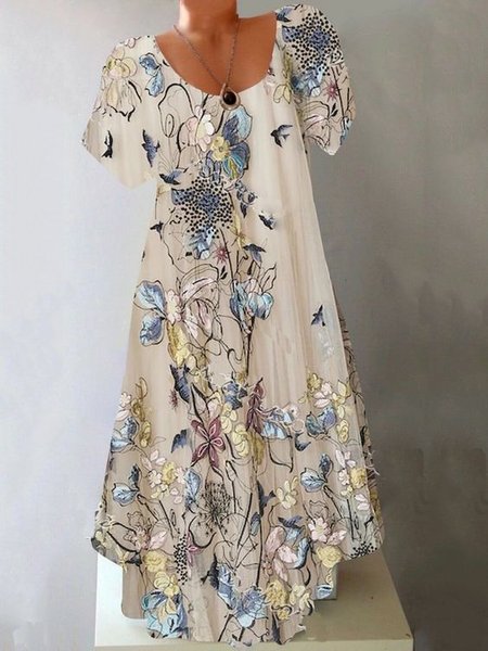 

Crew Neck Casual Women Dress, As picture, Midi Dresses