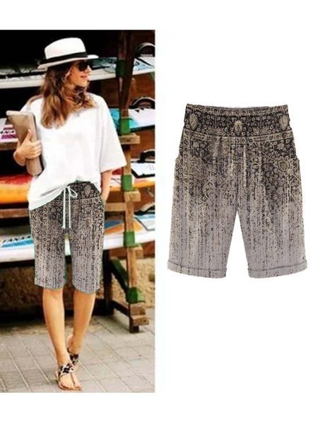 

Paisley Shift Printed Cotton-blend Vintage Summer Brown Pants, Shorts