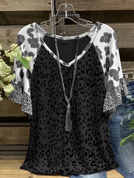 

Camicie & Top Casuale Scollo a V Leopardato Misto Cotone, Nero, Tops