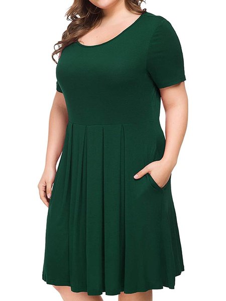 

Solid Round Neck Cotton Short Sleeve Weaving Dress, Green, Casual Dresses