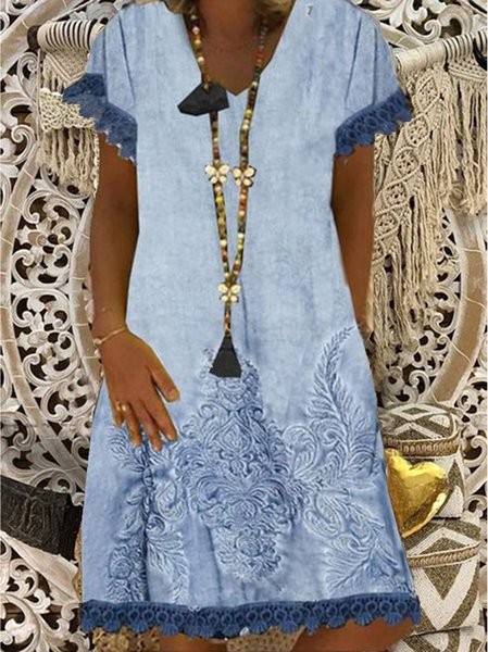 

Vintage Bohemian hippie Dritto Maniche Corte Scollo a V Abito, Blu, Summer dresses