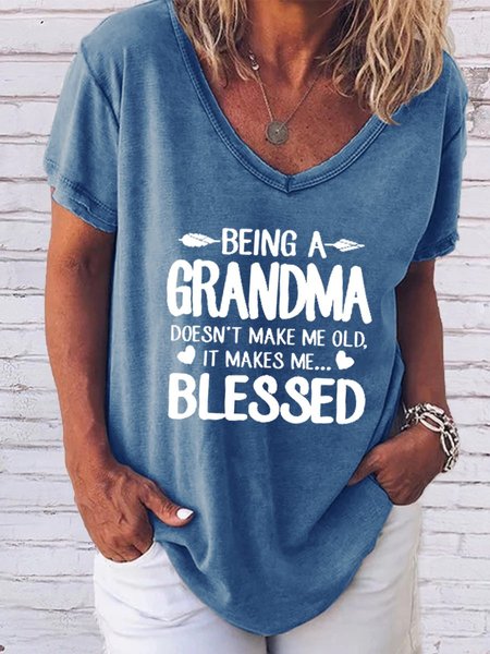 

Grandma V Neck Casual Short Sleeve T Shirt Top, Blue, T-shirts
