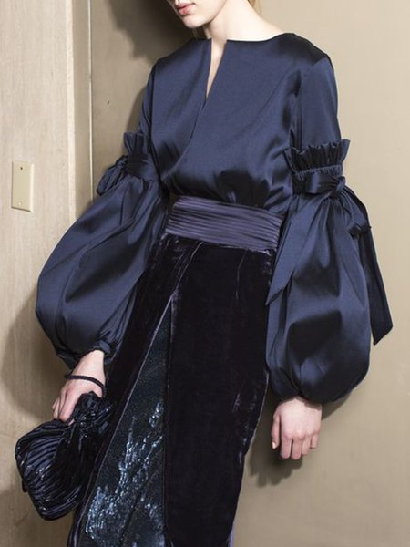 

V Neck Evening Evening Formal Solid Shift Lady Balloon Sleeve Blouse, Dark blue, Blouses and Shirts