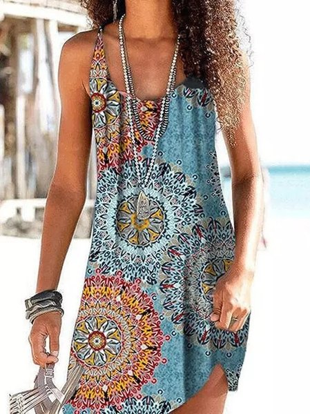 

Abito Floreale Casuale Senza Maniche Misto Cotone, Blu, Dresses