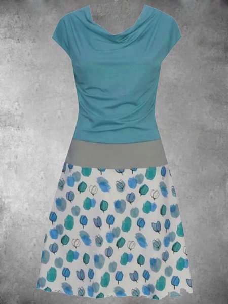 

Abito Girocollo Maniche Corte Floreale Misto Cotone, Blu, Dresses