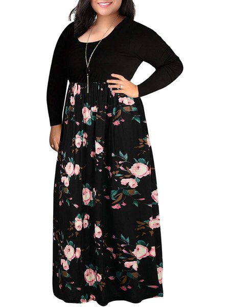 

Round Neck Casual Long Sleeve Cotton Shirts & Tops, Black, Floral Dresses