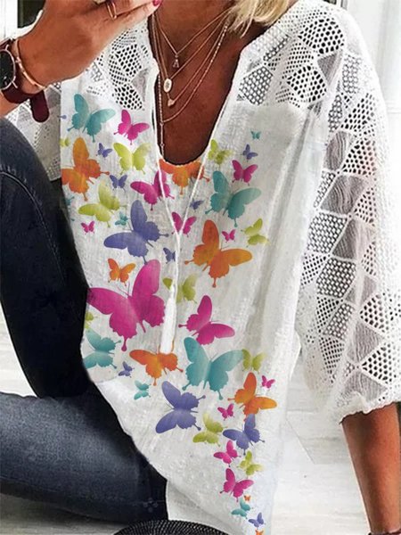 

Casual Printed 3/4 Sleeve Tops, White, Blouses & Shirts
