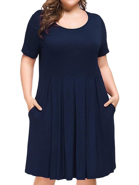 

Cotton Short Sleeve Round Neck Weaving Dress, Navy blue, Casual Dresses