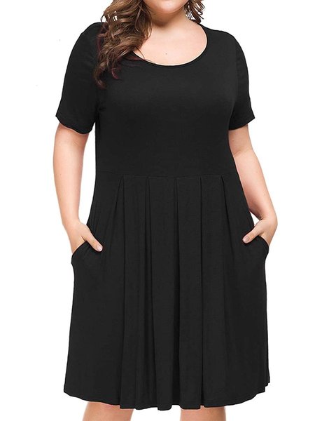 

Short Sleeve Round Neck Solid Weaving Dress, Black, Casual Dresses