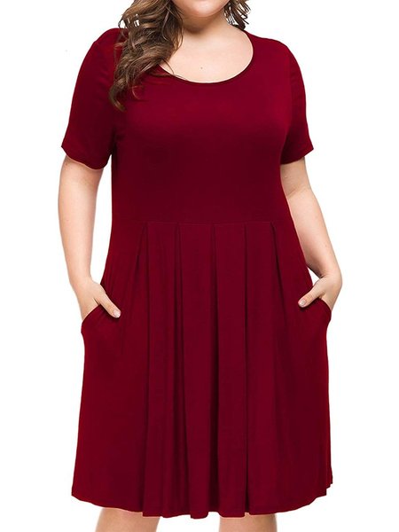 

Round Neck Solid Short Sleeve Cotton Weaving Dress, Wine red, Casual Dresses