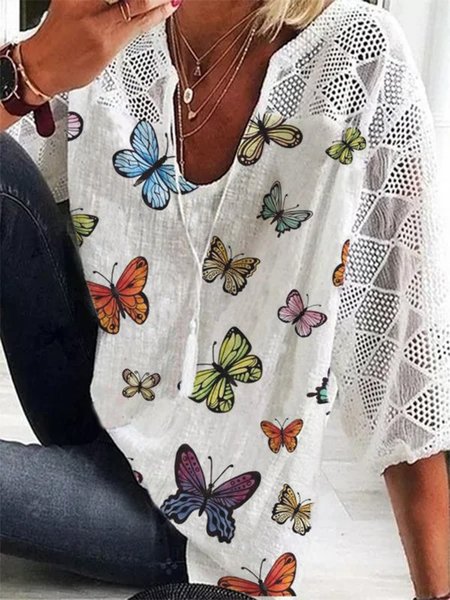 Camicie & Top 3/4 Manica Stampato Casuale Misto Cotone, Bianco, Tops