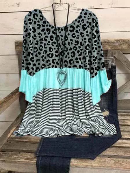 Camicie & Top Casuale 3/4 Manica Leopardato Misto Cotone, Blu, Blouses & Shirts