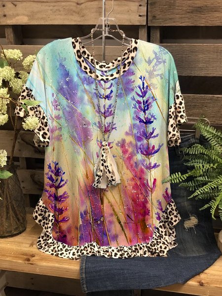 

Lavender Graphic Round Neck Short Sleeve Loose Top, As picture, T-shirts