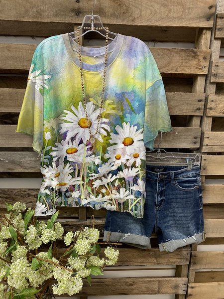 

Dreaming Daisies Graphic Round Neck Short Sleeve Loose Tee, As picture, T-shirts