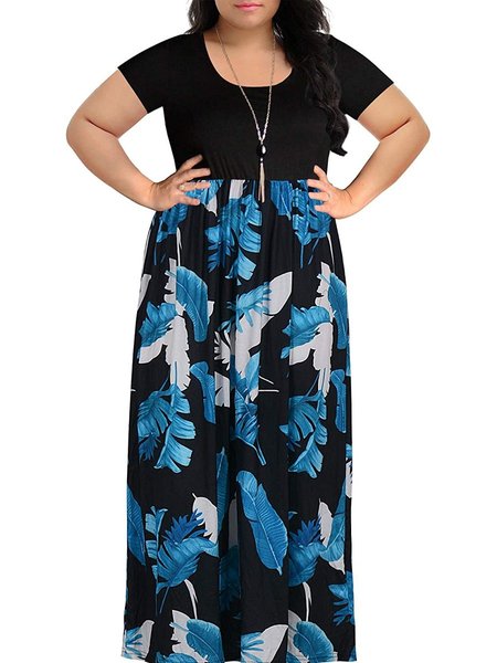 

Scoop Neckline Printed Short Sleeve Weaving Dress, Black leaf, Floral Dresses