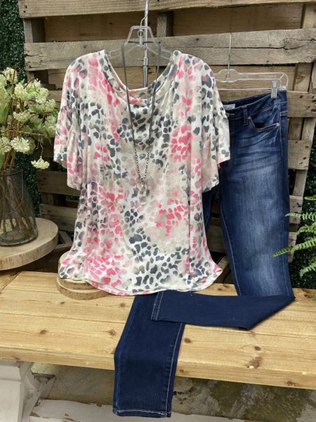 

Gradient Three-color Leopard Print Ruffled Short-sleeved Top, As picture, T-shirts