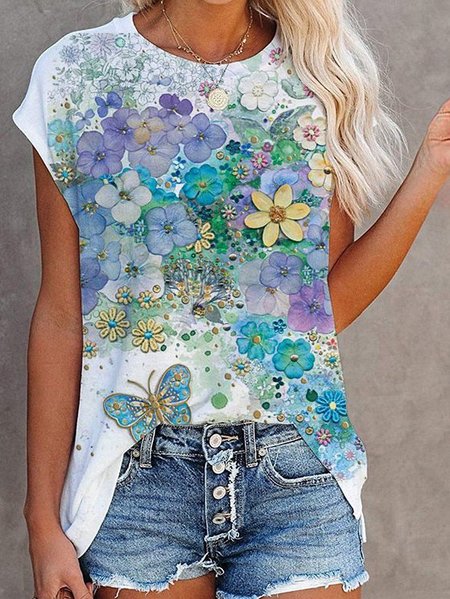 

Maniche Corte Floreale Girocollo Misto Cotone Top, Bianco, T-Shirts