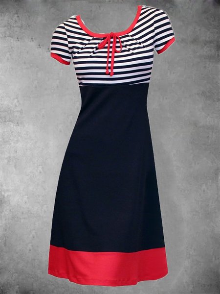 

Abito Maniche Corte Casuale a Righe Misto Cotone, Blu marino, Dresses