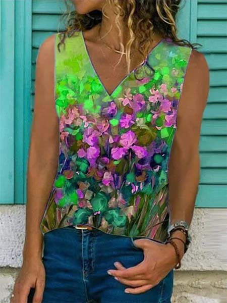 

Camicie & Top Senza Maniche Casuale Scollo a V Stampato Floreale, Verde, Blouses & Shirts