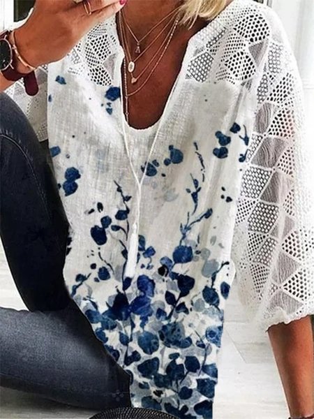 

Scollo a V Stampato Floreale Misto Cotone Casuale Top, Bianco, Blouses & Shirts